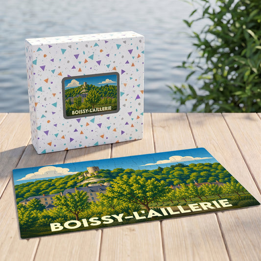 Puzzle souvenir de la ville de Boissy-l'Aillerie avec une illustration stylisée d'un château et sa forêt.