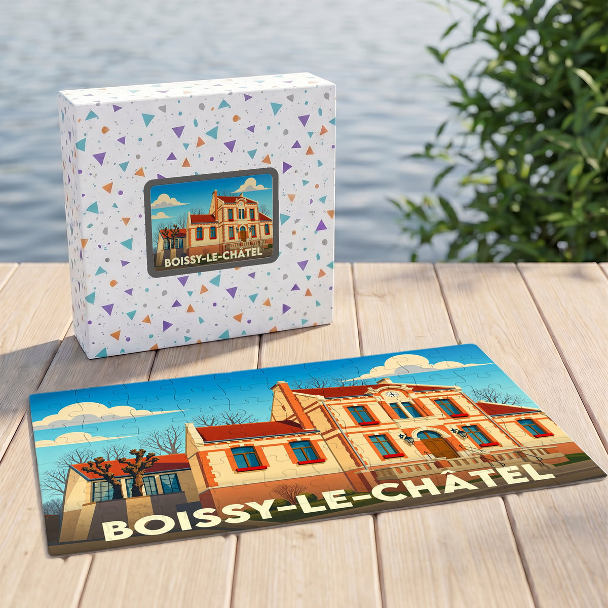 Puzzle souvenir de la ville de Boissy-le-Châtel avec une illustration stylisée de son patrimoine architectural.