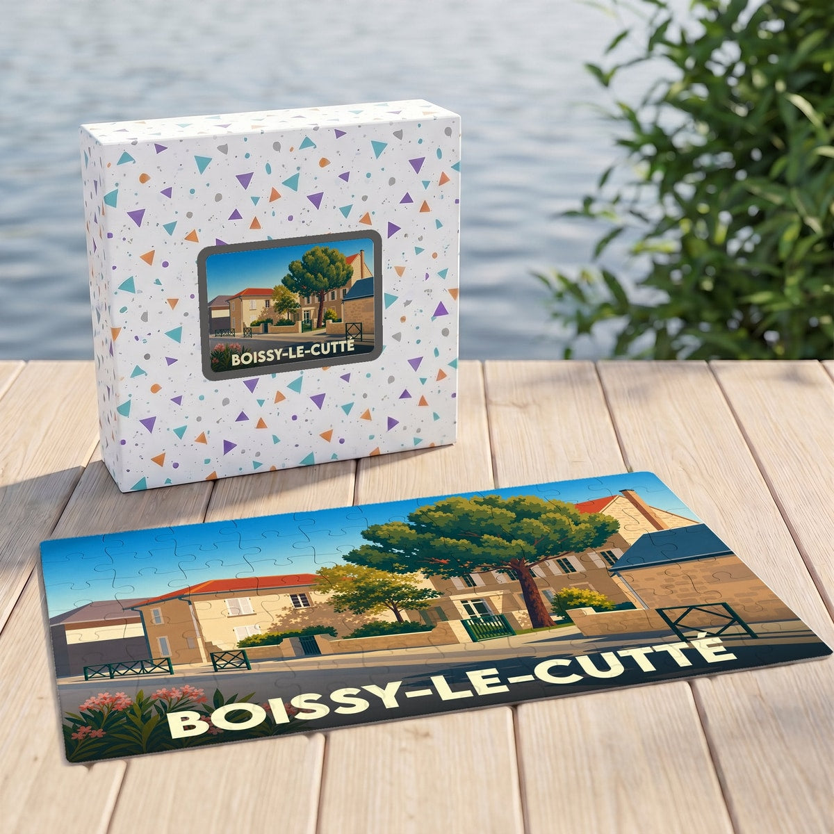 Puzzle souvenir de la ville de Boissy-le-Cutté avec une illustration stylisée et colorée.