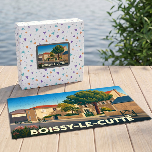 Puzzle souvenir de la ville de Boissy-le-Cutté avec une illustration stylisée et colorée.