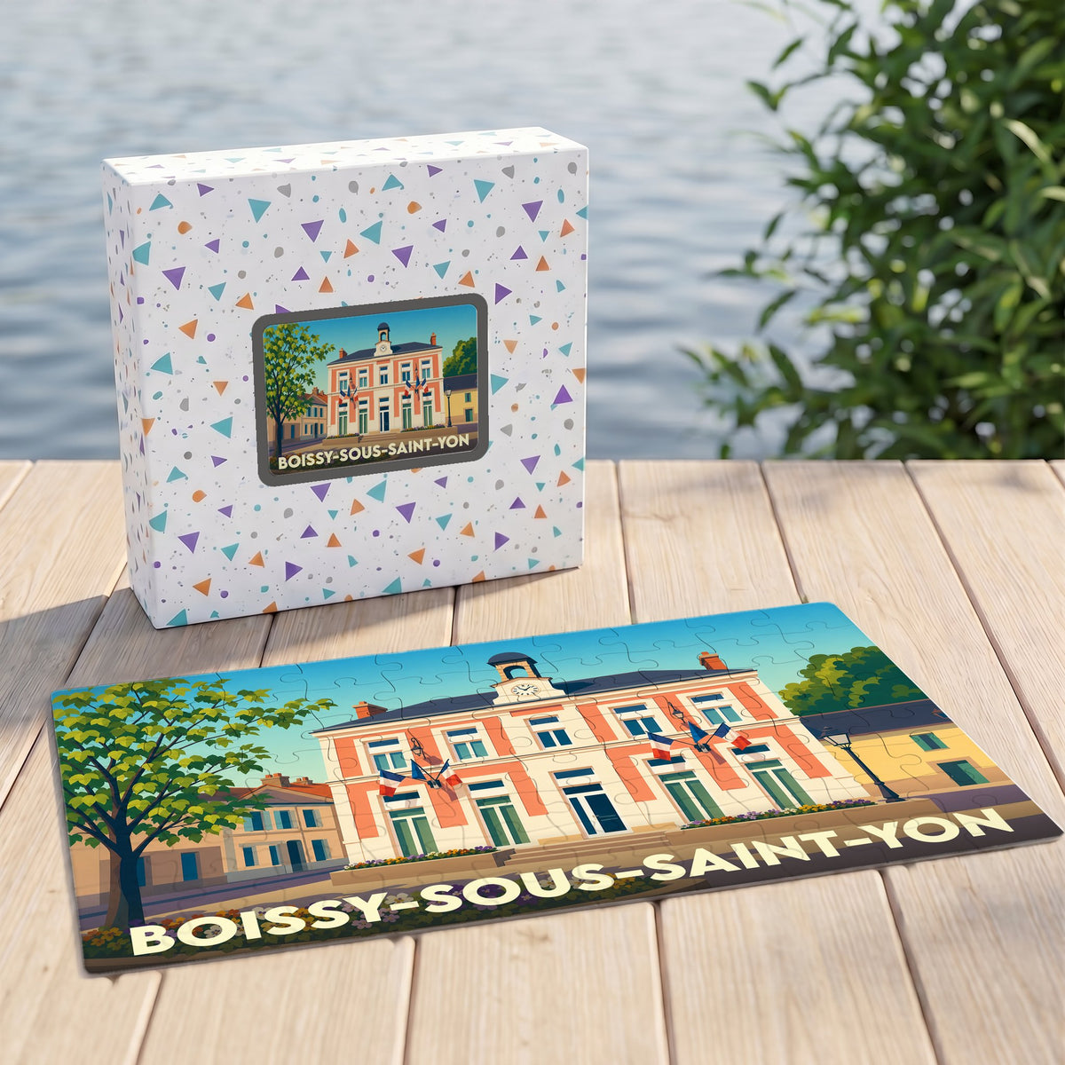 Puzzle souvenir de la ville de Boissy-sous-Saint-Yon avec une illustration stylisée de sa mairie.