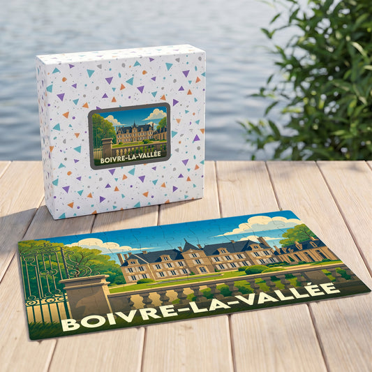 Puzzle souvenir de la commune de Boivre-la-Vallée avec une illustration stylisée de son patrimoine.