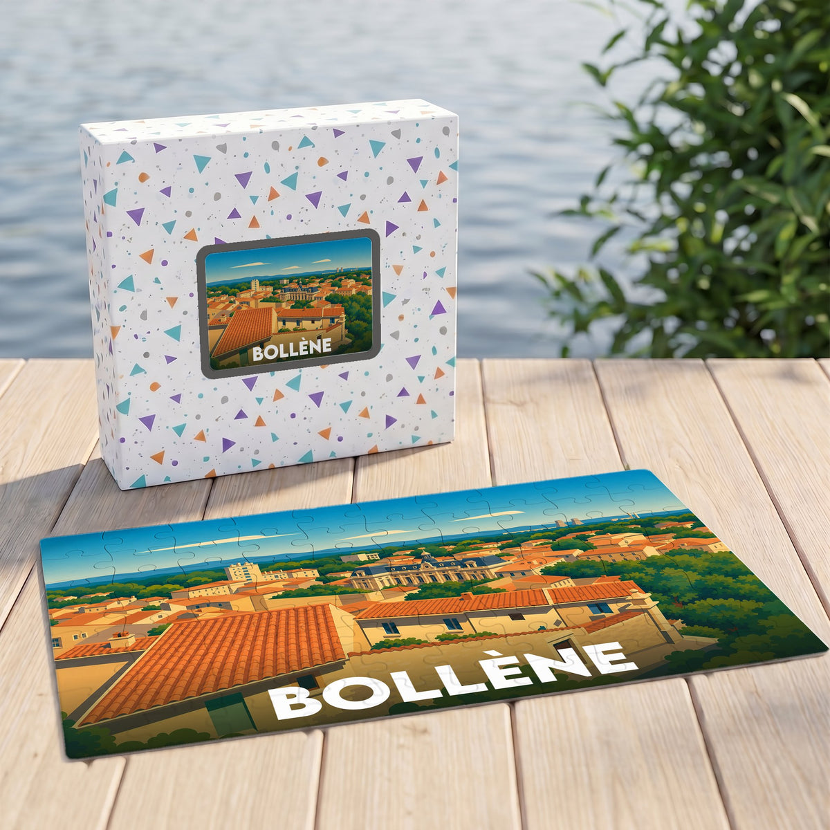 Puzzle souvenir de la ville de Bollène avec une illustration panoramique stylisée.