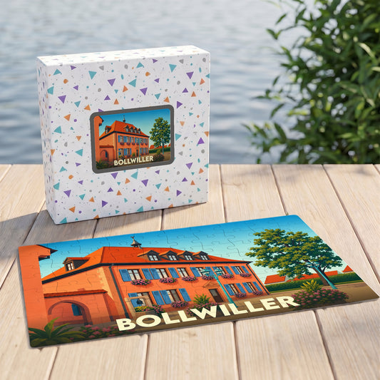 Puzzle souvenir de la ville de Bollwiller illustrant une maison traditionnelle alsacienne colorée.