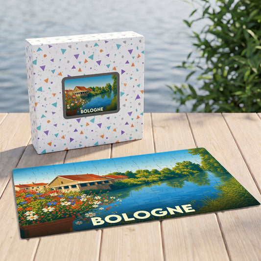Puzzle souvenir de la ville de Bologne illustrant un paysage de bord de l'eau fleuri.