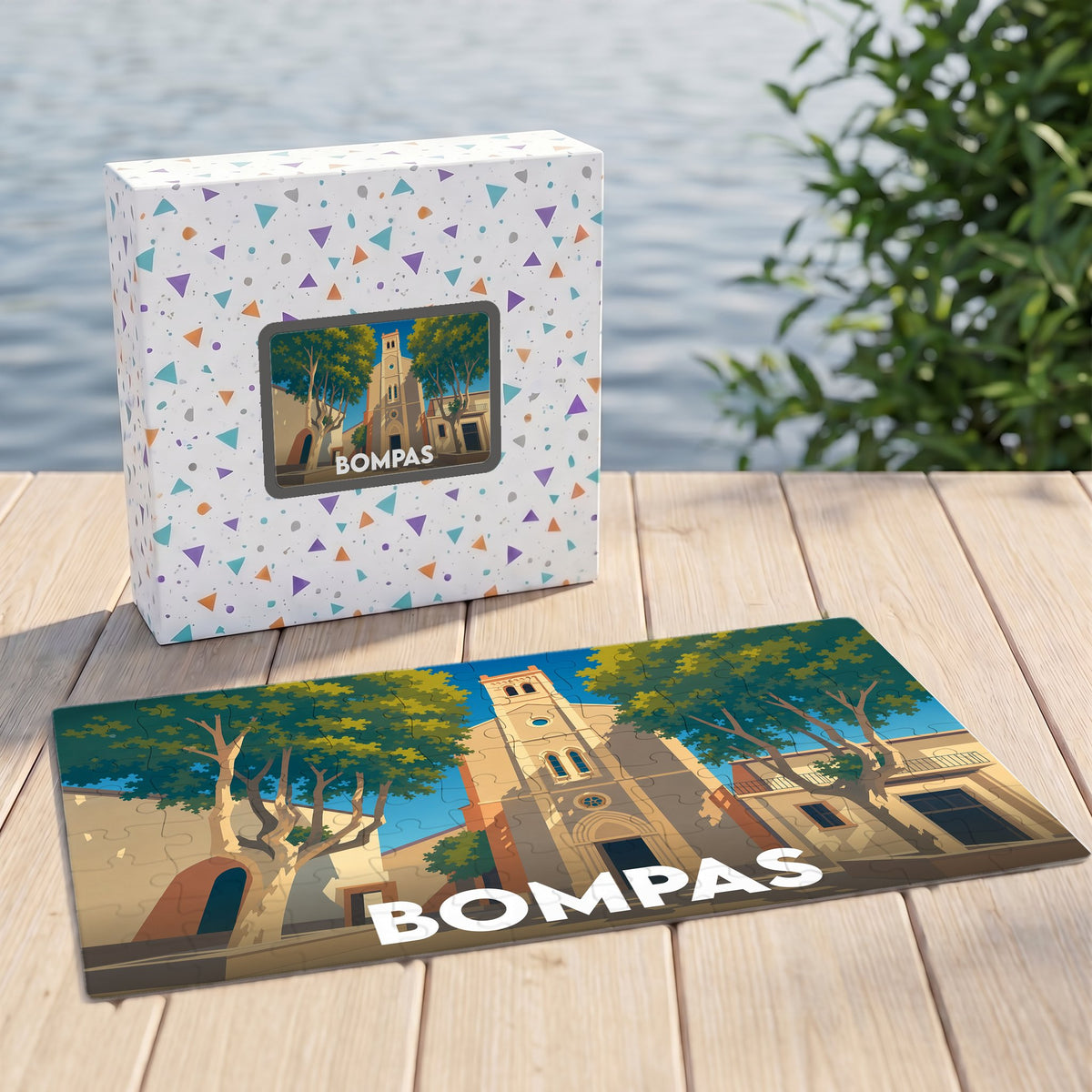 Puzzle souvenir de la ville de Bompas illustré d'un paysage urbain stylisé.