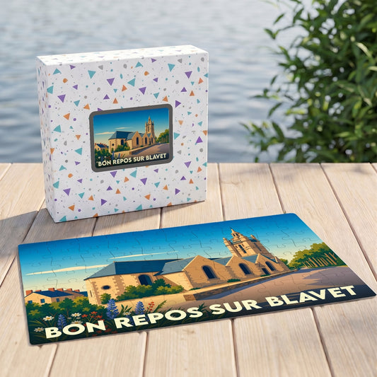 Puzzle souvenir de la ville de Bon Repos sur Blavet avec une illustration stylisée.