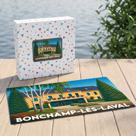 Puzzle souvenir de la ville de Bonchamp-lès-Laval avec une illustration stylisée de sa mairie.