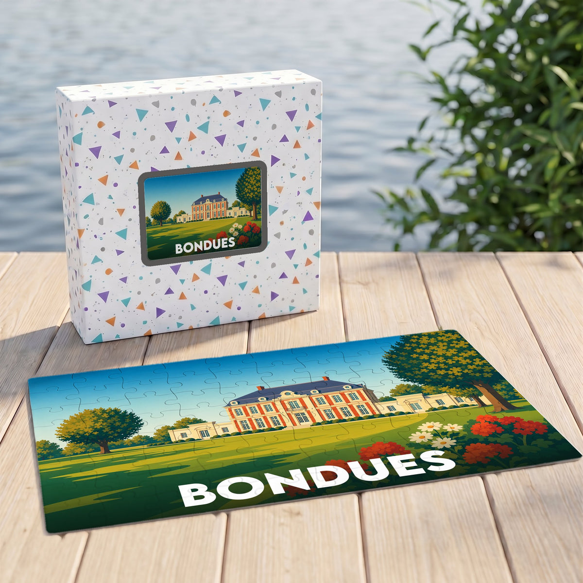 Puzzle souvenir de la ville de Bondues illustrant une demeure historique dans un parc verdoyant.