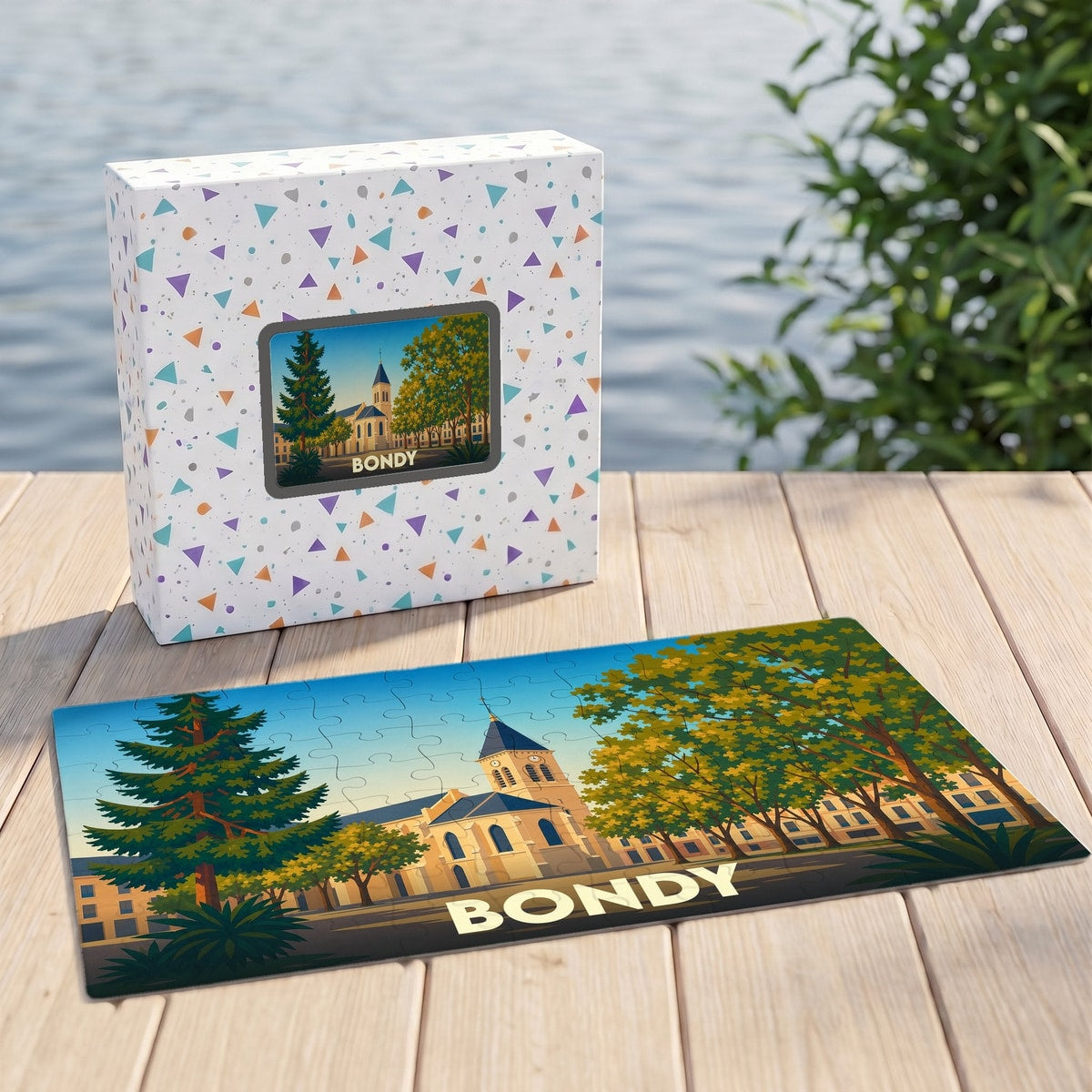 Puzzle souvenir de la ville de Bondy avec une illustration stylisée de son église et de ses paysages.