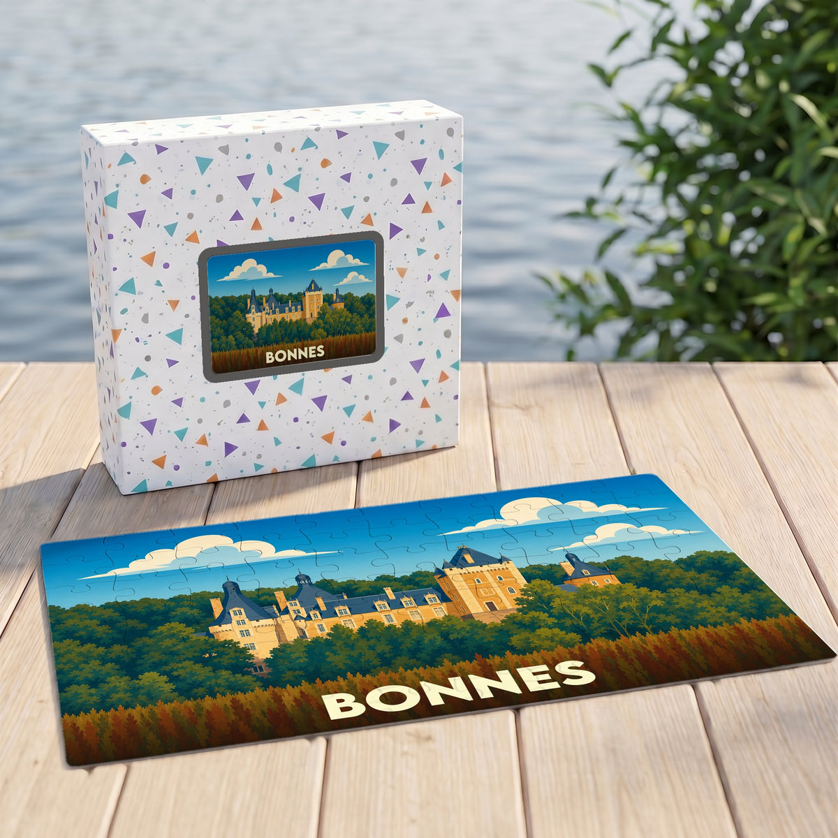Puzzle souvenir de la ville de Bonnes représentant son château avec une illustration stylisée.