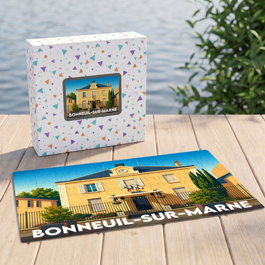 Puzzle souvenir de la ville de Bonneuil-sur-Marne illustrant son hôtel de ville dans un style graphique.