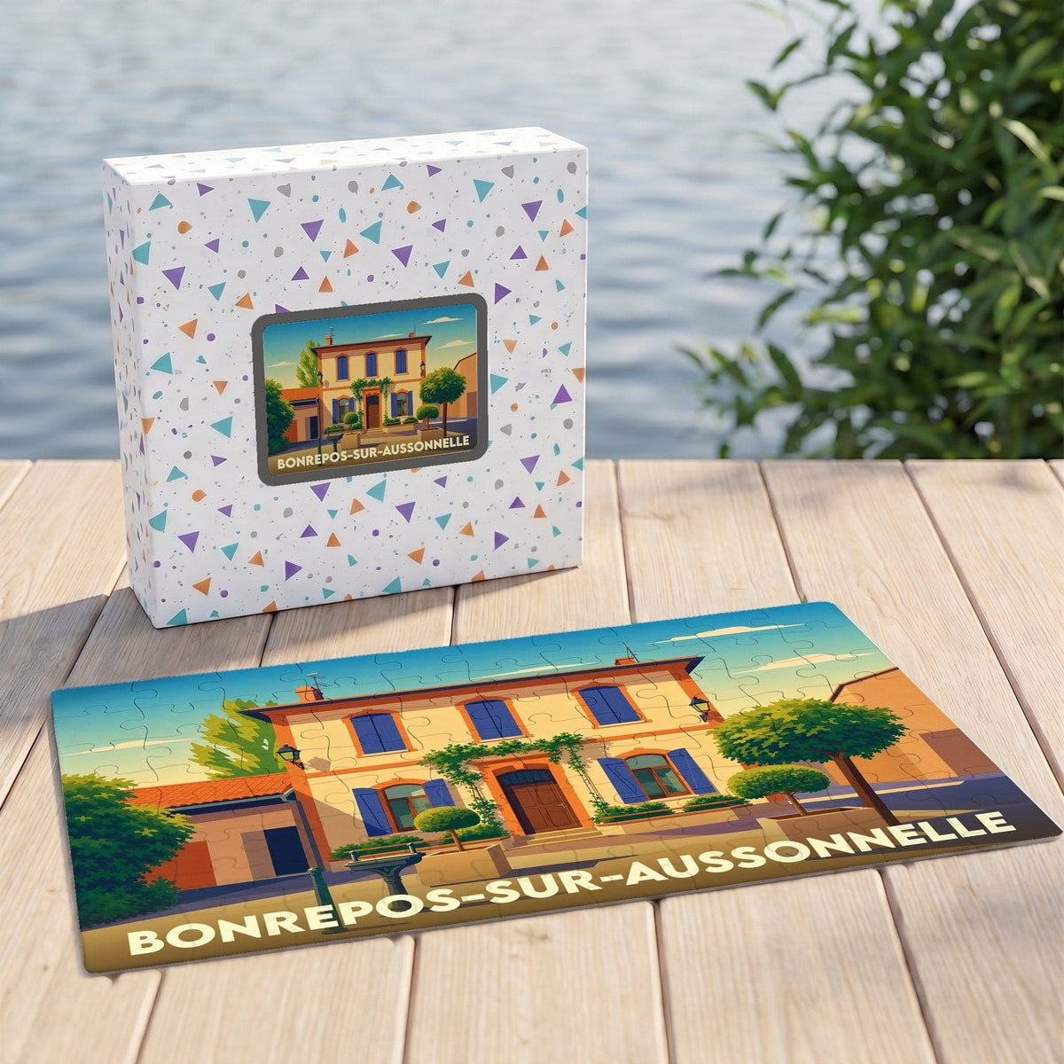 Puzzle souvenir de la ville de Bonrepos-sur-Aussonnelle avec une illustration stylisée de sa mairie.