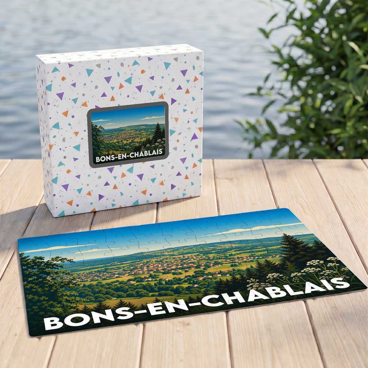 Puzzle souvenir de la ville de Bons-en-Chablais avec une illustration panoramique stylisée et sa boîte assortie.