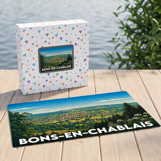 Puzzle souvenir de la ville de Bons-en-Chablais avec une illustration panoramique stylisée et sa boîte assortie.