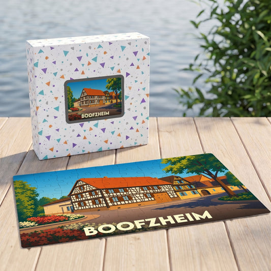 Puzzle souvenir de la ville de Boofzheim avec une illustration stylisée d'une maison à colombages.
