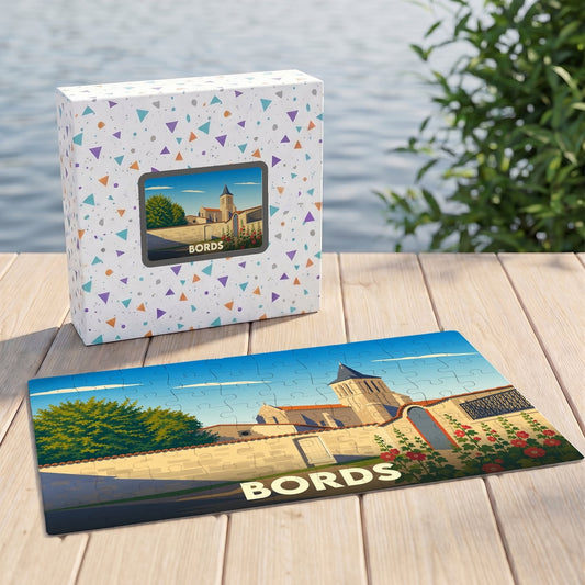 Puzzle souvenir de la ville de Bords avec une illustration stylisée d'un bâtiment historique.