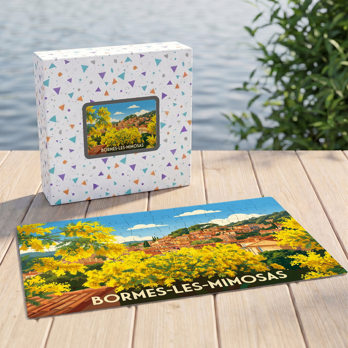 Puzzle souvenir de la ville de Bormes-les-Mimosas avec une illustration ensoleillée et fleurie.