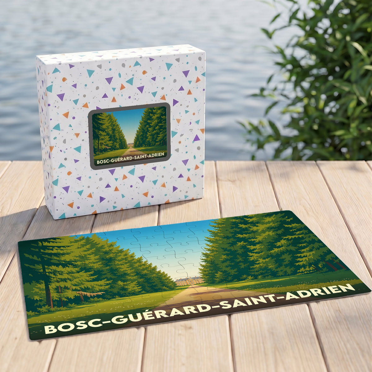 Puzzle souvenir de la ville de Bosc-Guérard-Saint-Adrien avec une illustration stylisée d'une allée forestière.