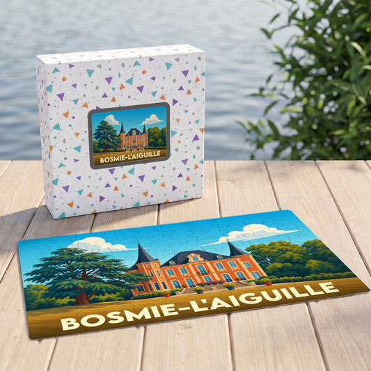 Puzzle souvenir de la ville de Bosmie-l'Aiguille avec une illustration stylisée de son château.
