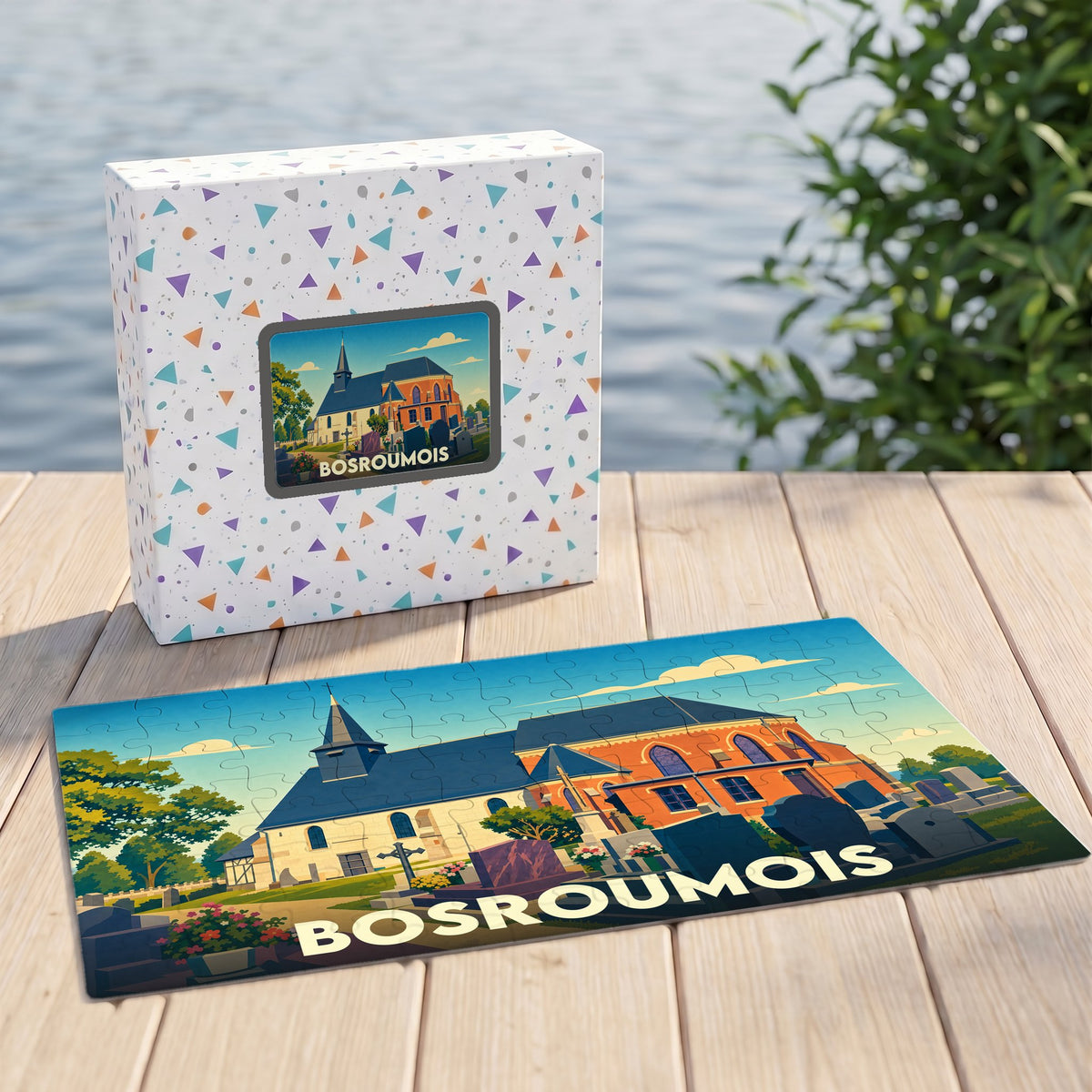 Puzzle souvenir de la ville de Bosroumois avec une illustration stylisée de son église et de son cimetière.