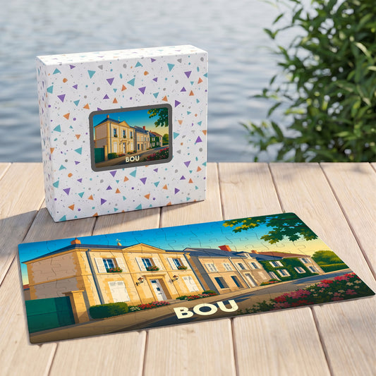 Puzzle souvenir de la ville de Bou avec une illustration stylisée de maisons colorées.
