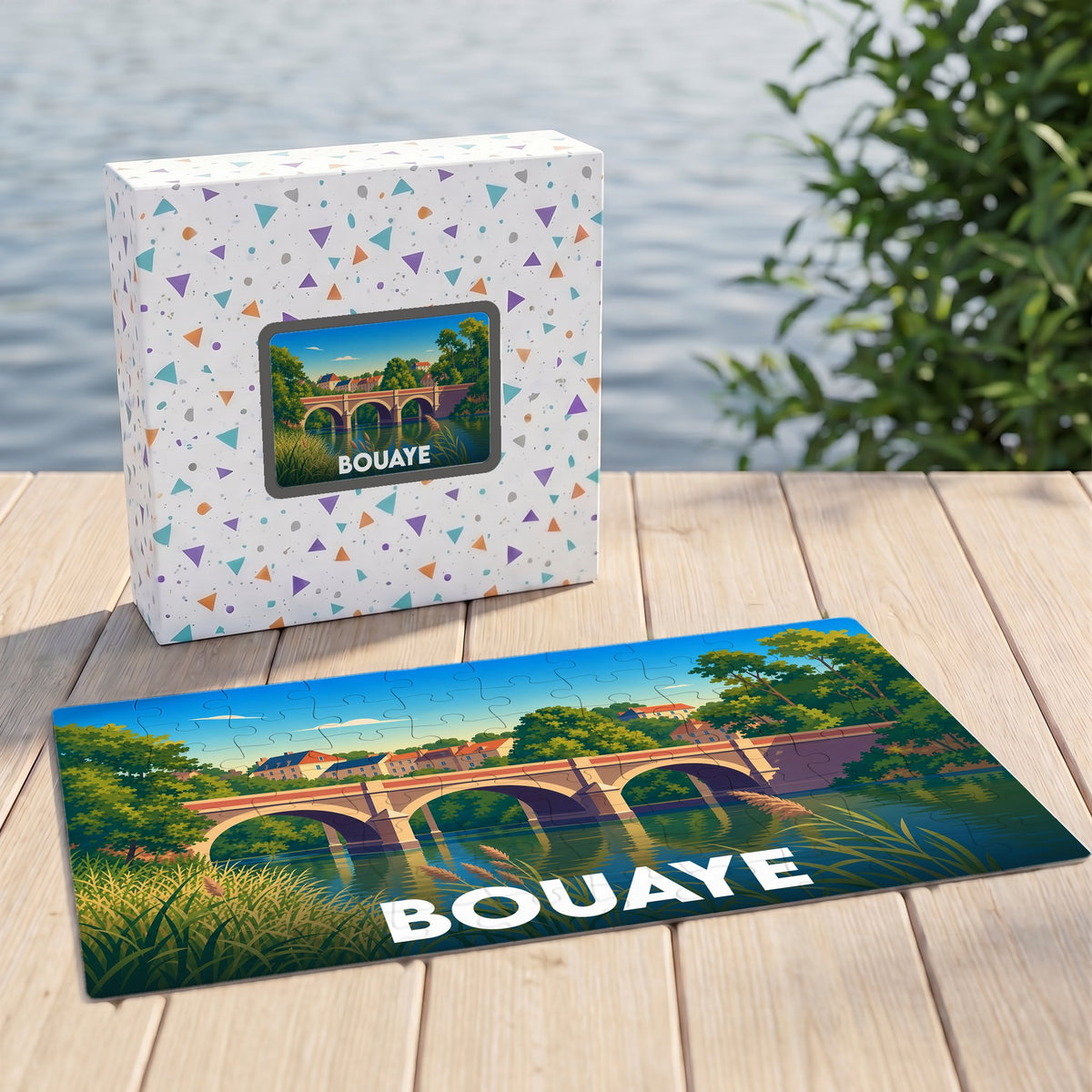 Puzzle souvenir de la ville de Bouaye représentant un pont enjambant une rivière avec une illustration stylisée.