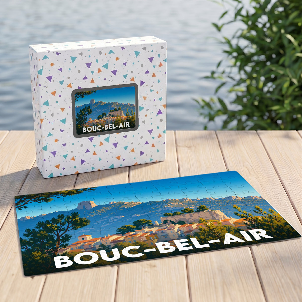 Puzzle souvenir de la ville de Bouc-Bel-Air avec une illustration panoramique stylisée.