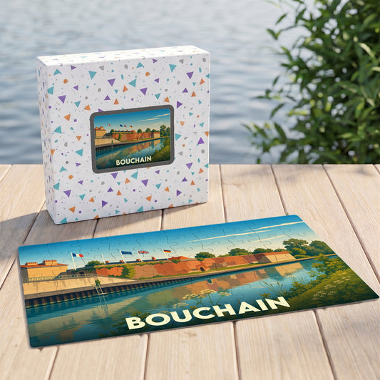Puzzle souvenir de la ville de Bouchain avec une illustration stylisée des remparts au bord de l'eau.