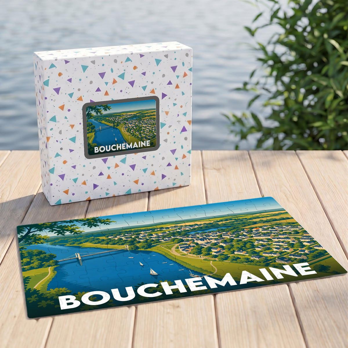 Puzzle souvenir de la ville de Bouchemaine avec une illustration stylisée d'un paysage fluvial.
