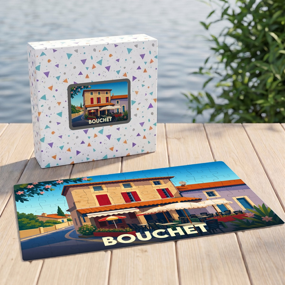Puzzle souvenir de la ville de Bouchet avec une illustration stylisée d'une terrasse de café.