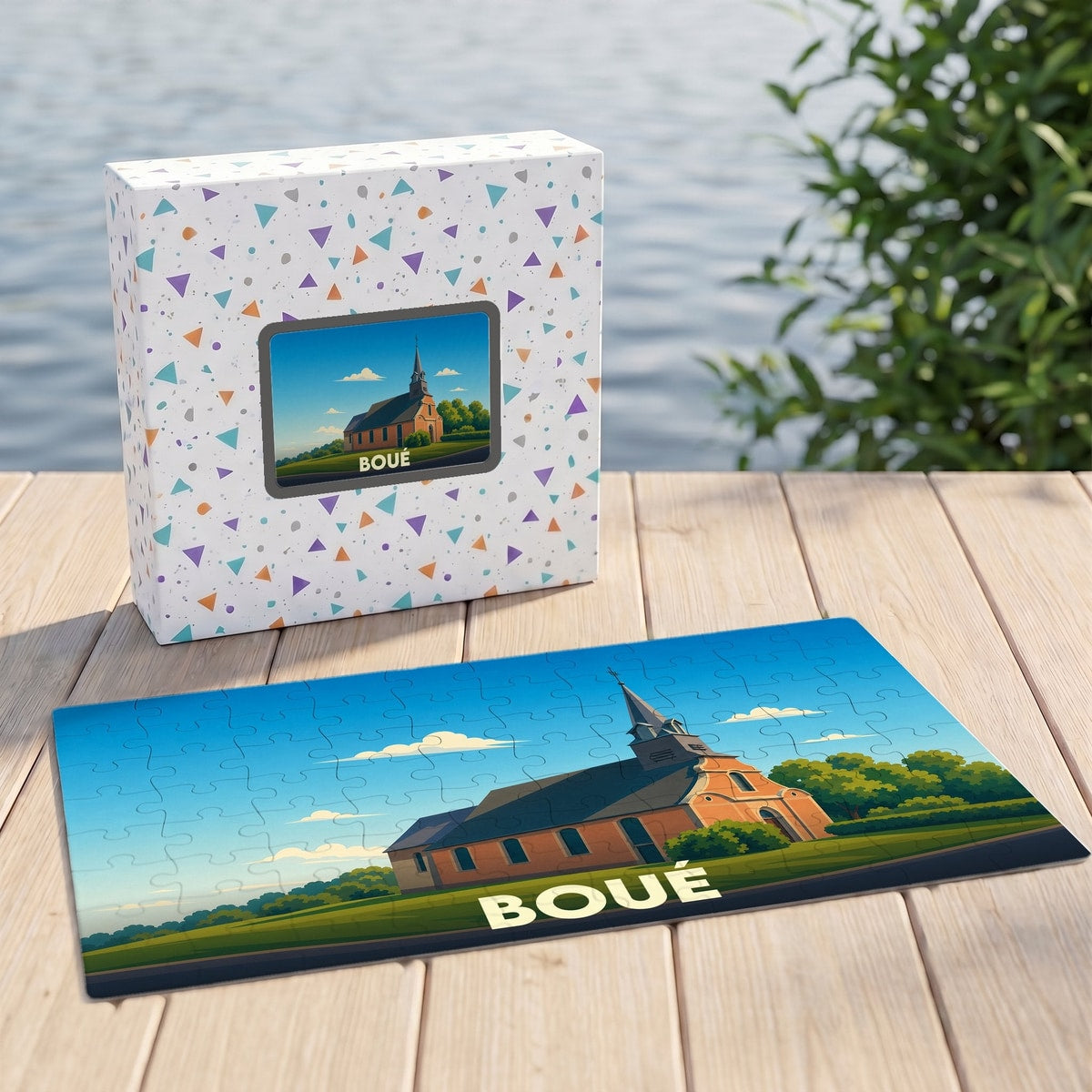 Puzzle souvenir de la ville de Boué avec une illustration stylisée d'une église sous un ciel bleu.