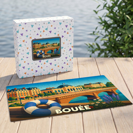 Puzzle souvenir de la ville de Bouée avec une illustration stylisée d'un pont et d'une bouée.