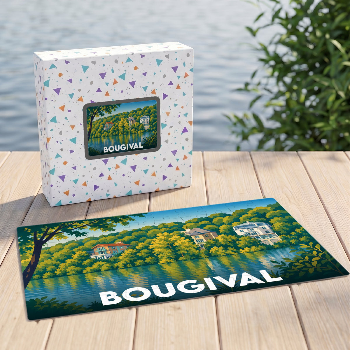 Puzzle souvenir de la ville de Bougival illustrant un paysage fluvial coloré avec sa boîte assortie.
