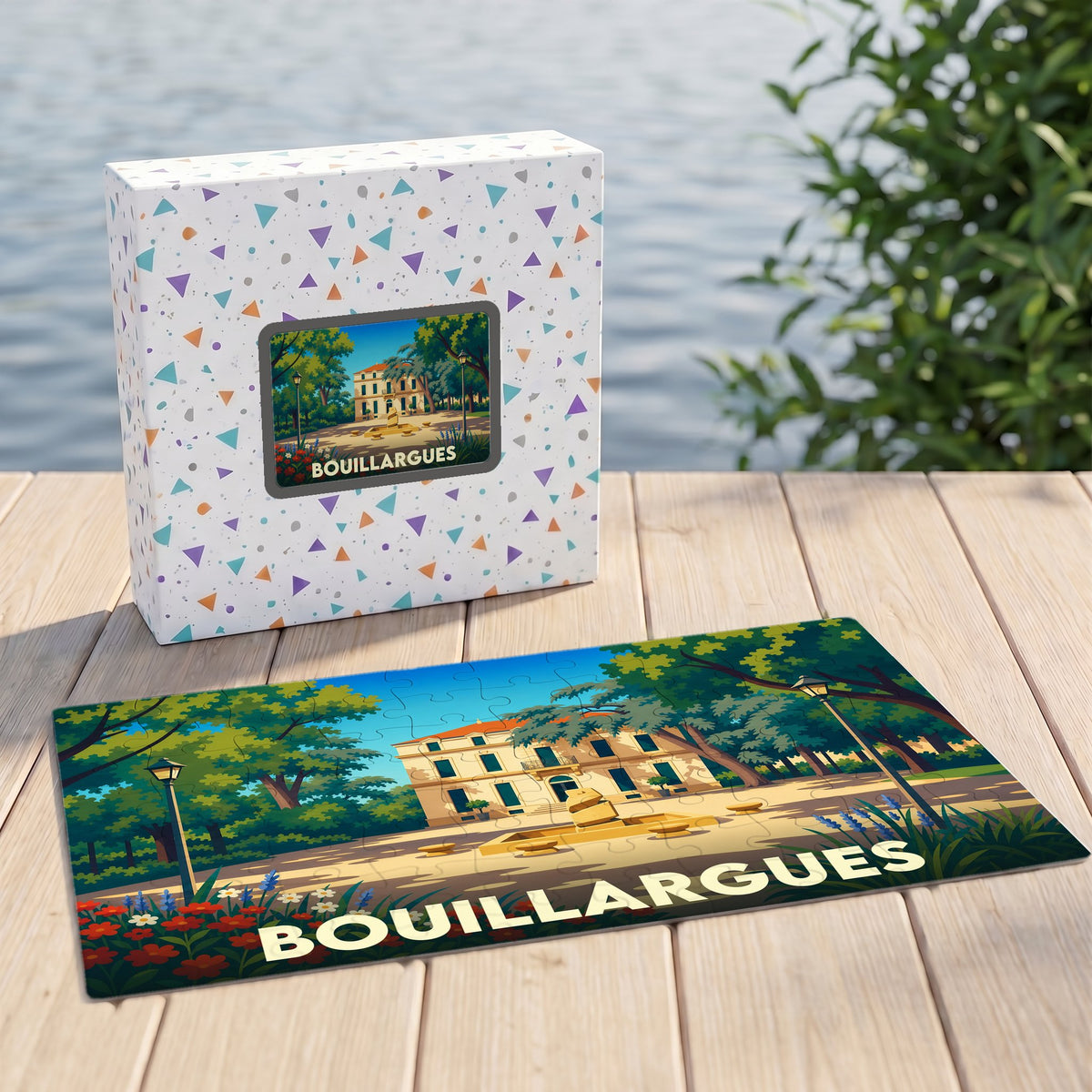 Puzzle souvenir de la ville de Bouillargues avec une illustration stylisée d'un parc ensoleillé.