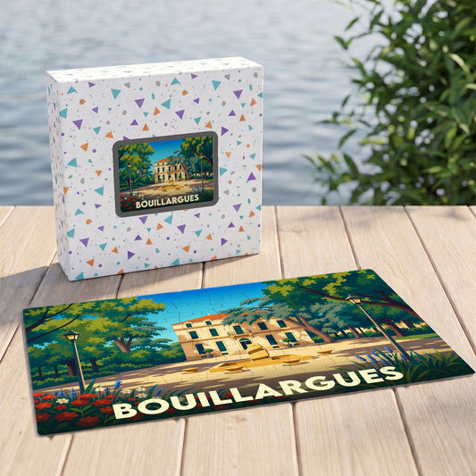 Puzzle souvenir de la ville de Bouillargues avec une illustration stylisée d'un parc ensoleillé.