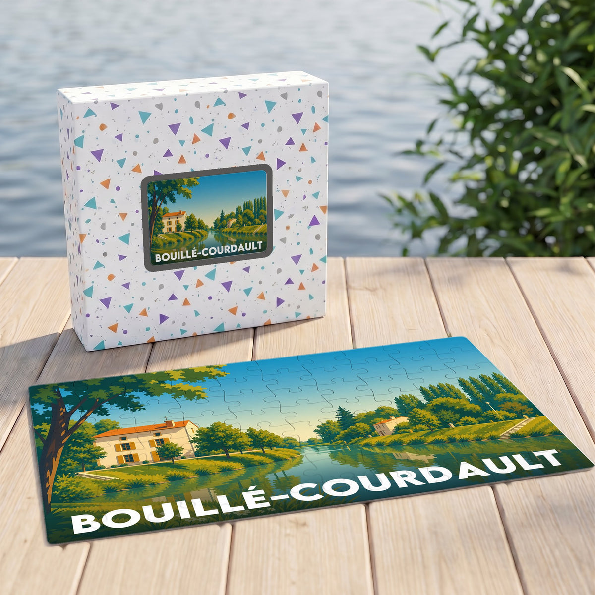 Puzzle souvenir de la ville de Bouillé-Courdault représentant un paysage paisible au bord de l'eau.