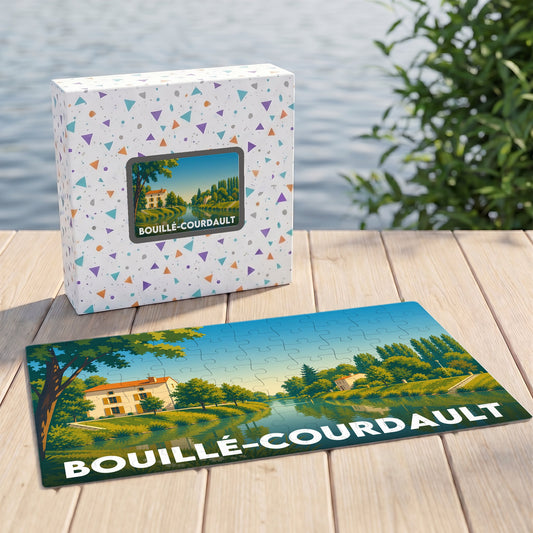 Puzzle souvenir de la ville de Bouillé-Courdault représentant un paysage paisible au bord de l'eau.