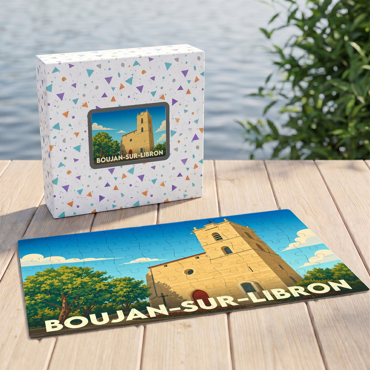 Puzzle souvenir de la ville de Boujan-sur-Libron avec une illustration stylisée de son église.