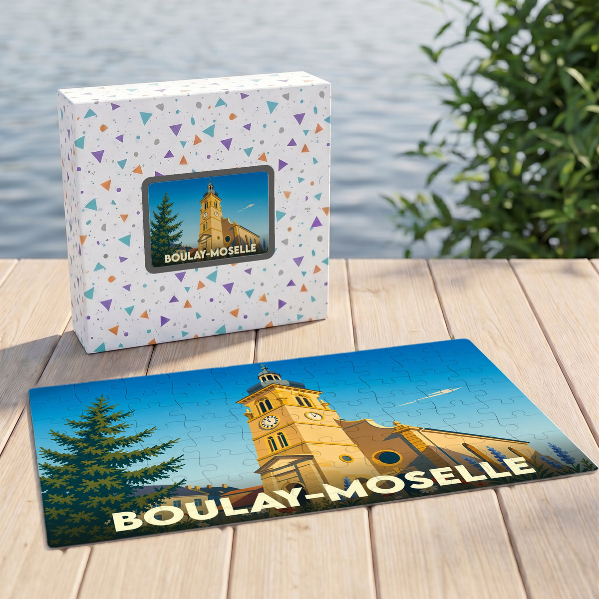 Puzzle souvenir de la ville de Boulay-Moselle avec une illustration stylisée d'un clocher.