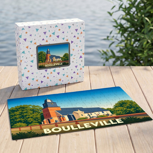 Puzzle souvenir de la ville de Boulleville avec une illustration stylisée de son église.