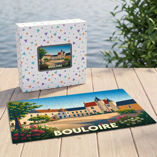 Puzzle souvenir de la ville de Bouloire avec une illustration stylisée et colorée.
