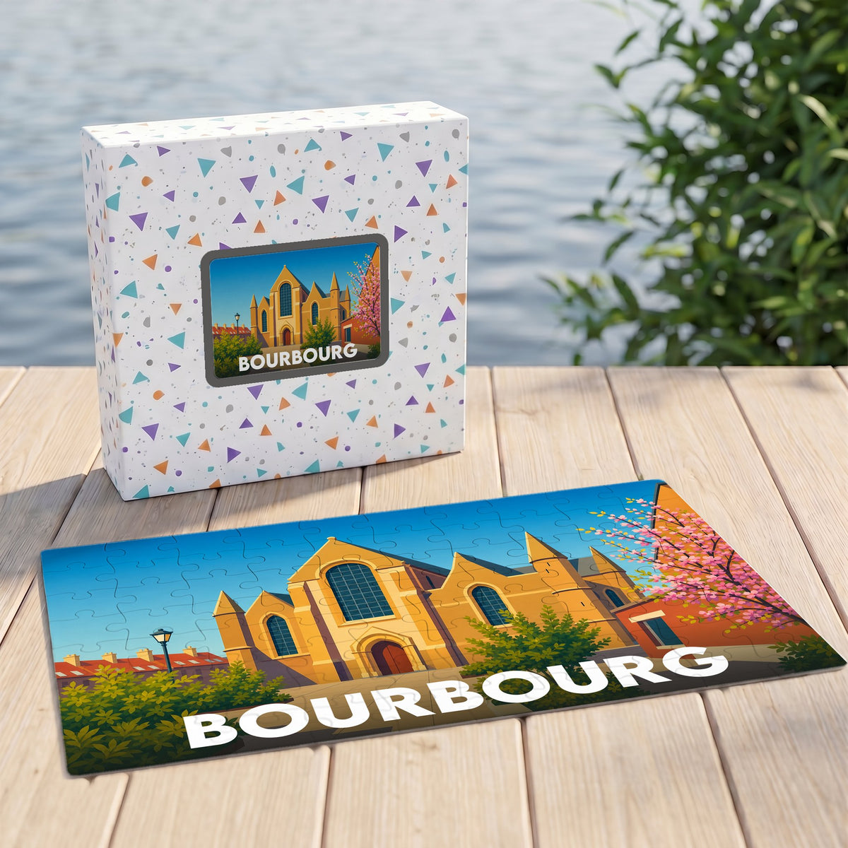 Puzzle souvenir de la ville de Bourbourg avec une illustration stylisée de son église.