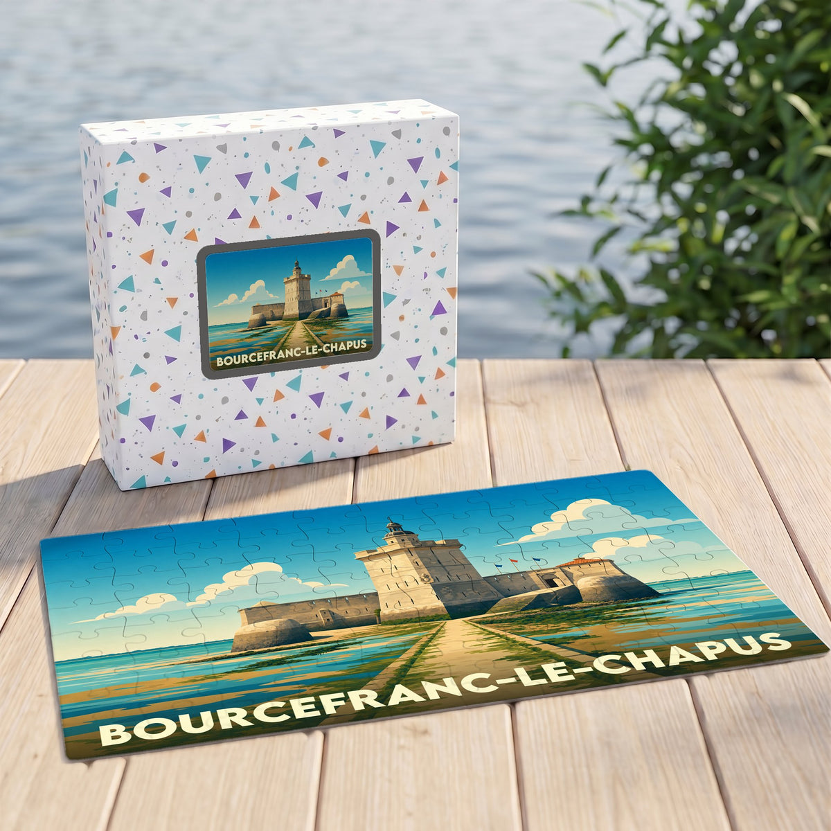 Puzzle souvenir de la ville de Bourcefranc-le-Chapus avec une illustration stylisée du fort Louvois.
