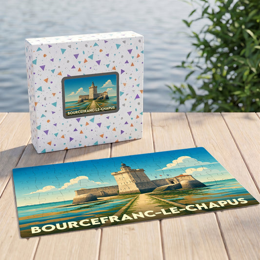 Puzzle souvenir de la ville de Bourcefranc-le-Chapus avec une illustration stylisée du fort Louvois.