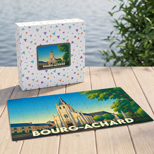 Puzzle souvenir de la ville de Bourg-Achard illustrant son église dans un style graphique épuré.