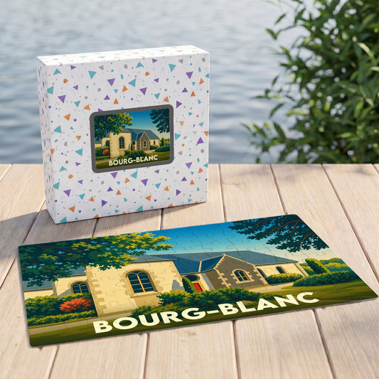 Puzzle souvenir de la ville de Bourg-Blanc illustrant un bâtiment historique dans un style graphique épuré.
