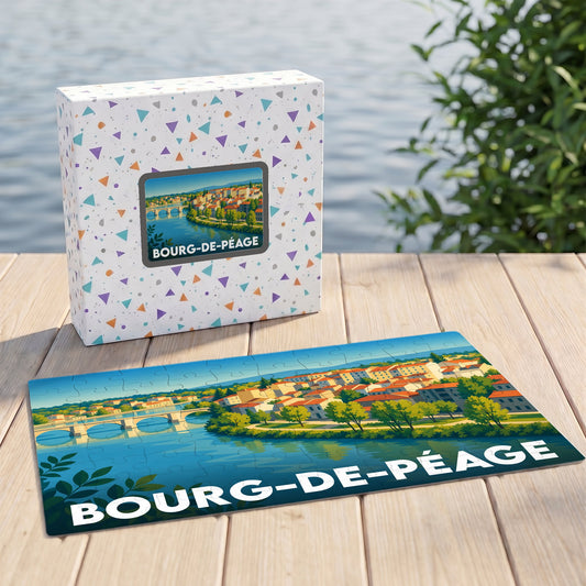 Puzzle souvenir de la ville de Bourg-de-Péage illustrant un paysage fluvial coloré.