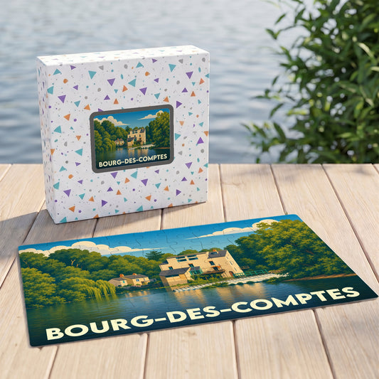 Puzzle souvenir de la ville de Bourg-des-Comptes avec une illustration stylisée d'un paysage fluvial.