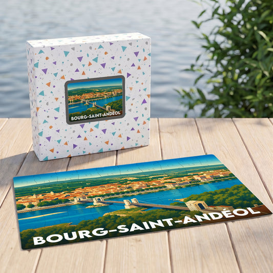 Puzzle souvenir de la ville de Bourg-Saint-Andéol avec une illustration stylisée et colorée.